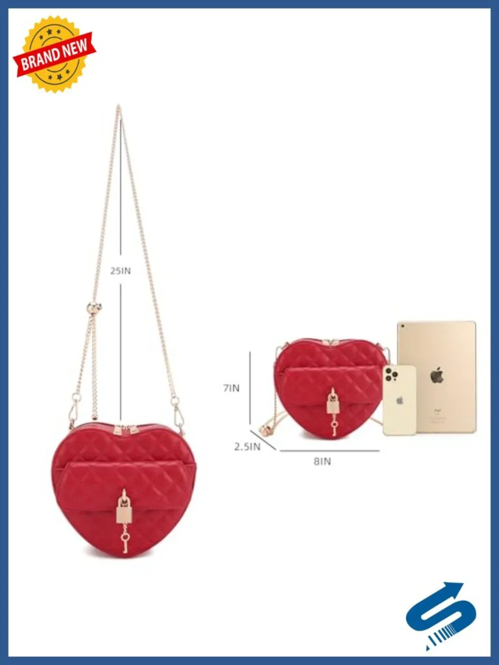 Vegan Leather Heart Shape Crossbody Bag with Chain Strap, Zip Closure